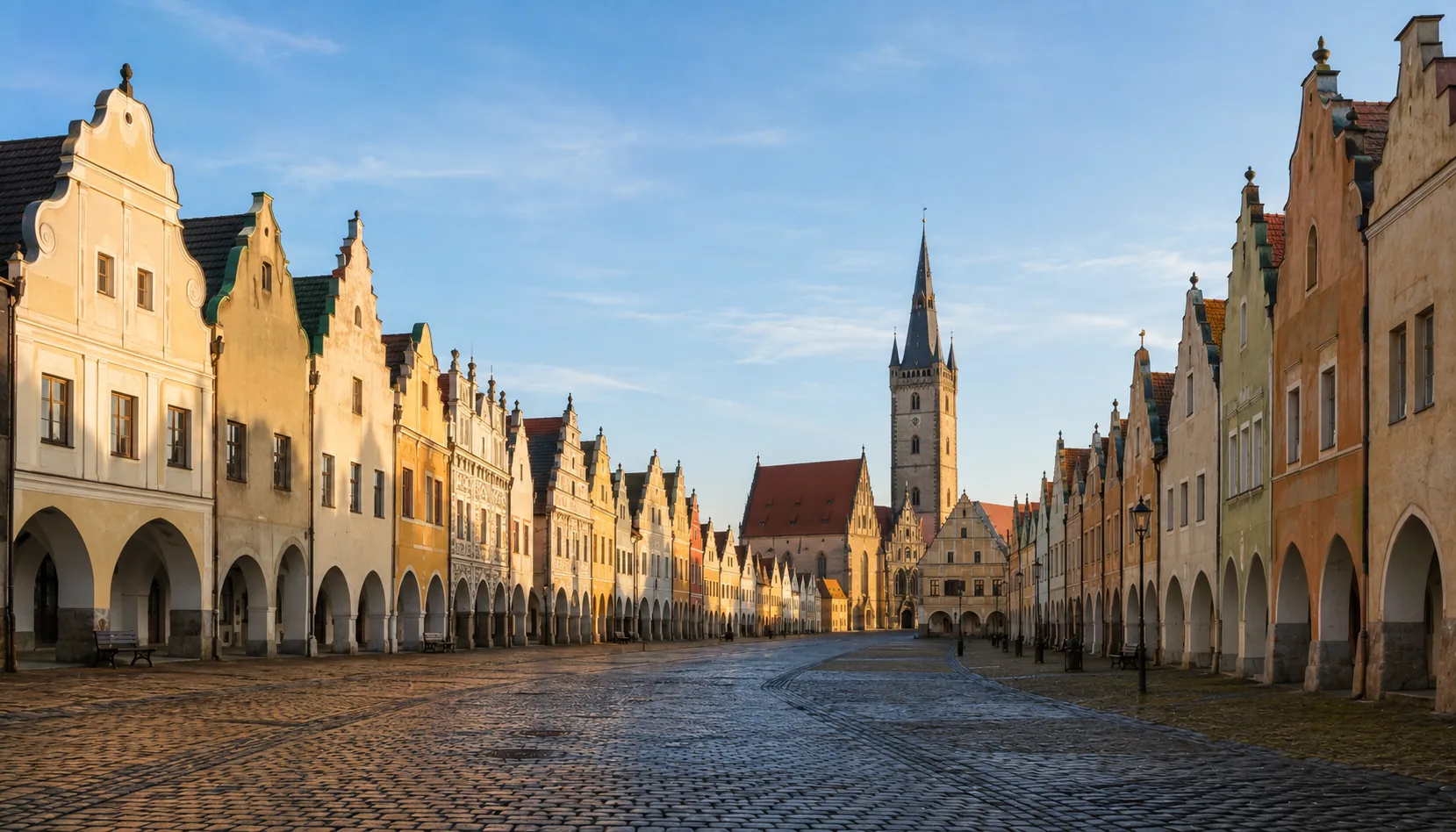 A long arcaded square of burgher houses in eastern Slovakia