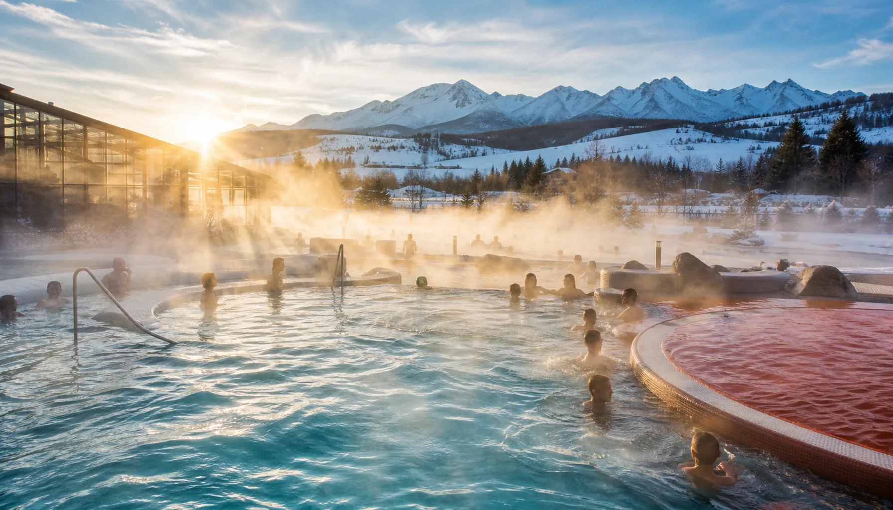 Steam rises from the mineral-tinted thermal pools of Bešeňová