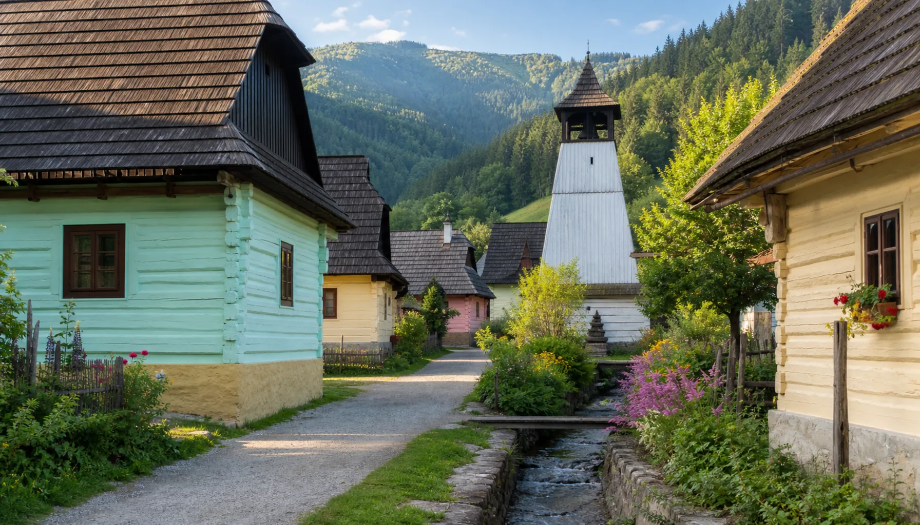 Painted log houses line the lane through Vlkolínec