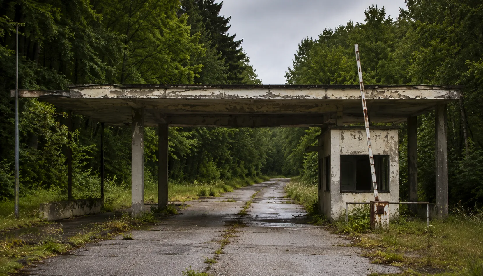 An empty former border post on a forest road