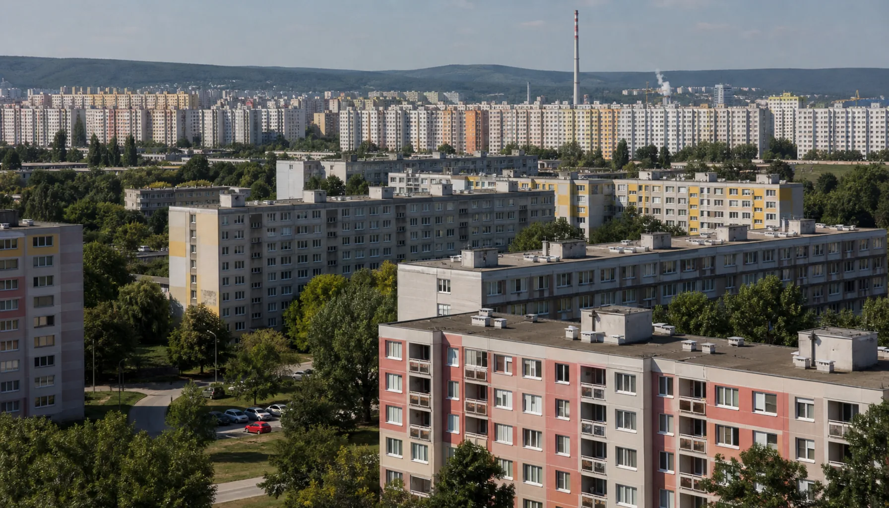 Rows of prefabricated apartment blocks in Petržalka, on the river's right bank