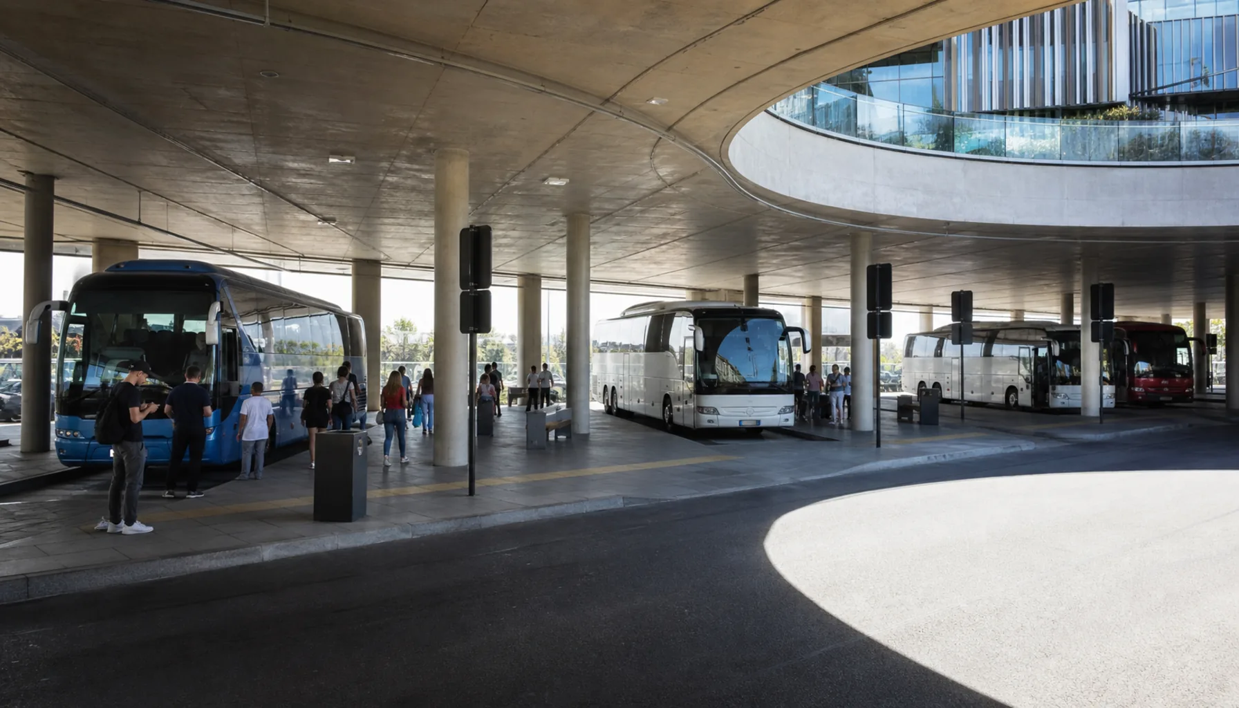 Buses drawn up at the station beneath the Nivy shopping centre in Bratislava