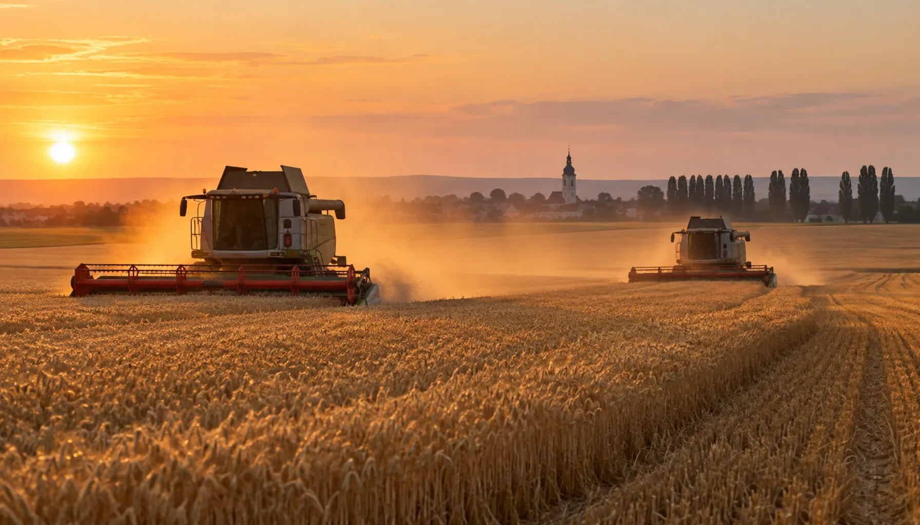 Combine harvesters working a wheat field on the Danube lowland, a village church tower on the horizon.