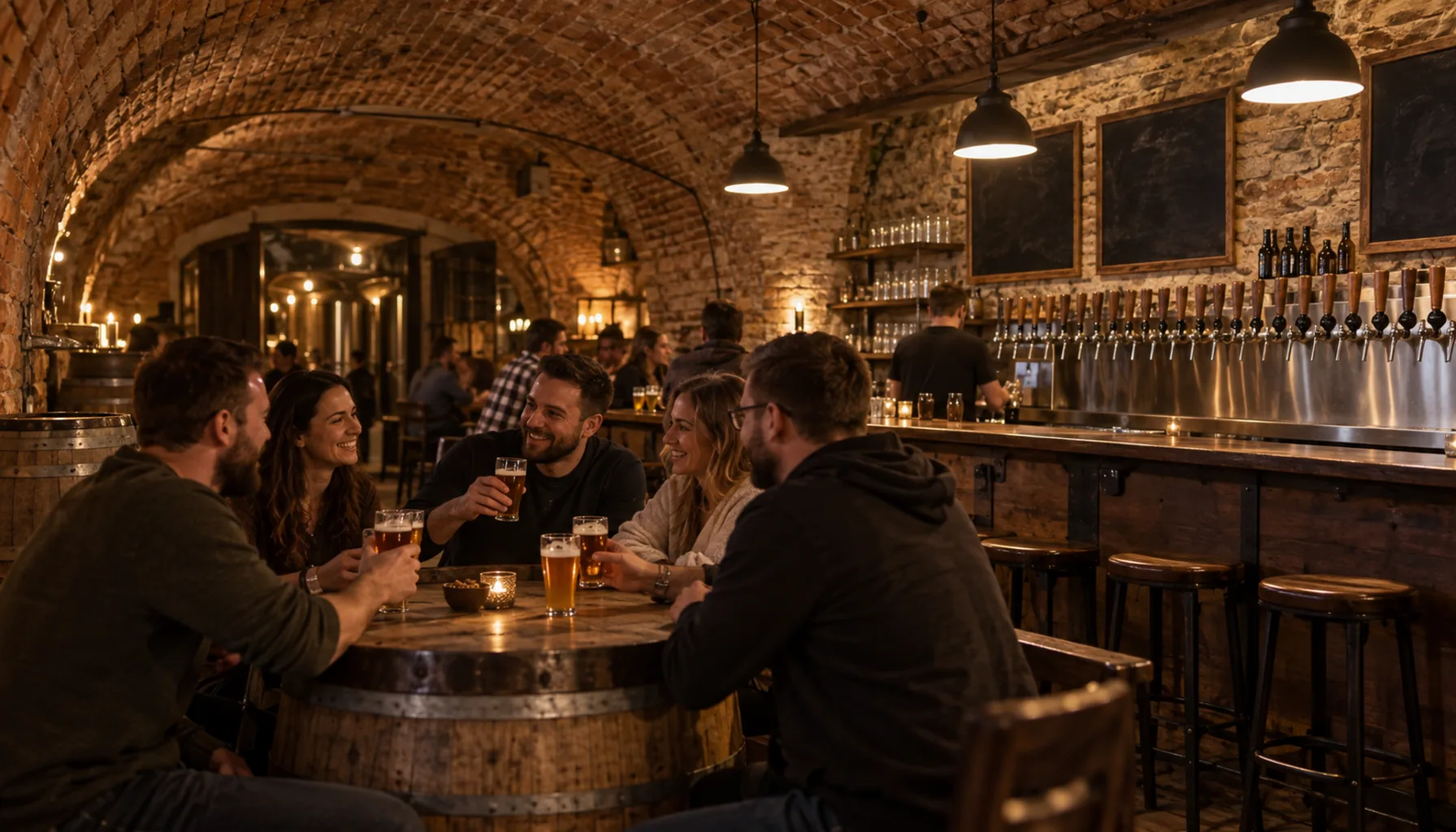 A craft-beer taproom in a brick cellar — a row of taps, chalk-written boards, friends around a barrel table.