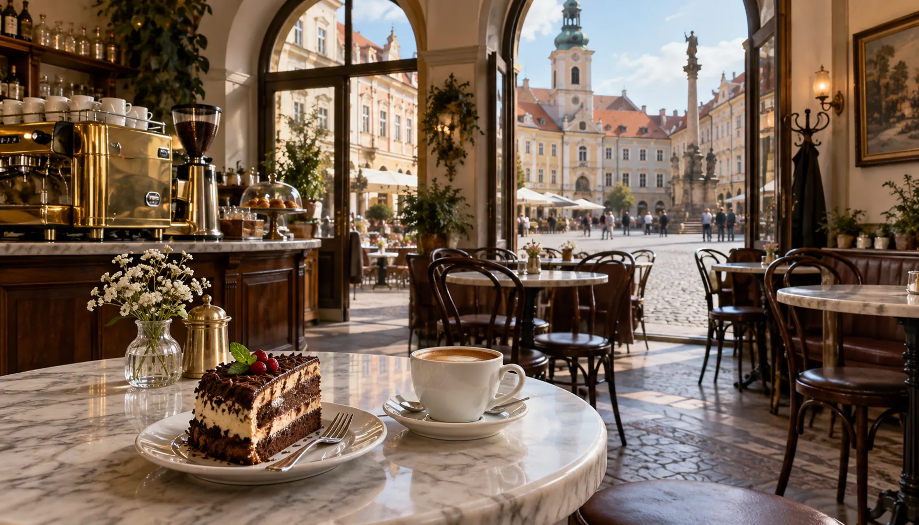 A café on an old-town square — marble tables, a brass espresso machine, a slice of cake and the afternoon light.