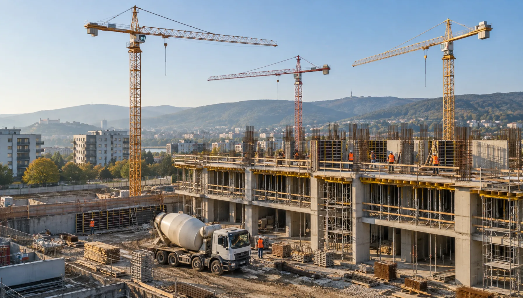 Tower cranes over a new residential block on the edge of Bratislava, concrete frames rising against a morning sky.