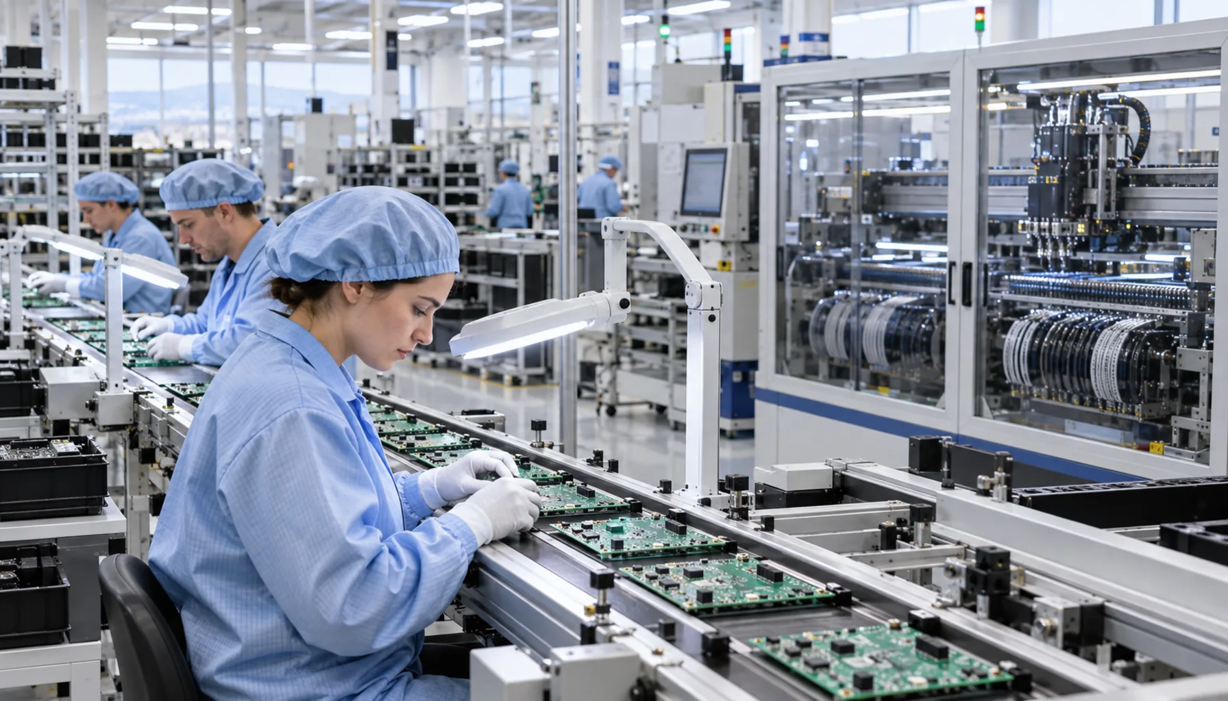 An electronics assembly line — circuit boards moving under bright inspection lamps, technicians in antistatic coats.