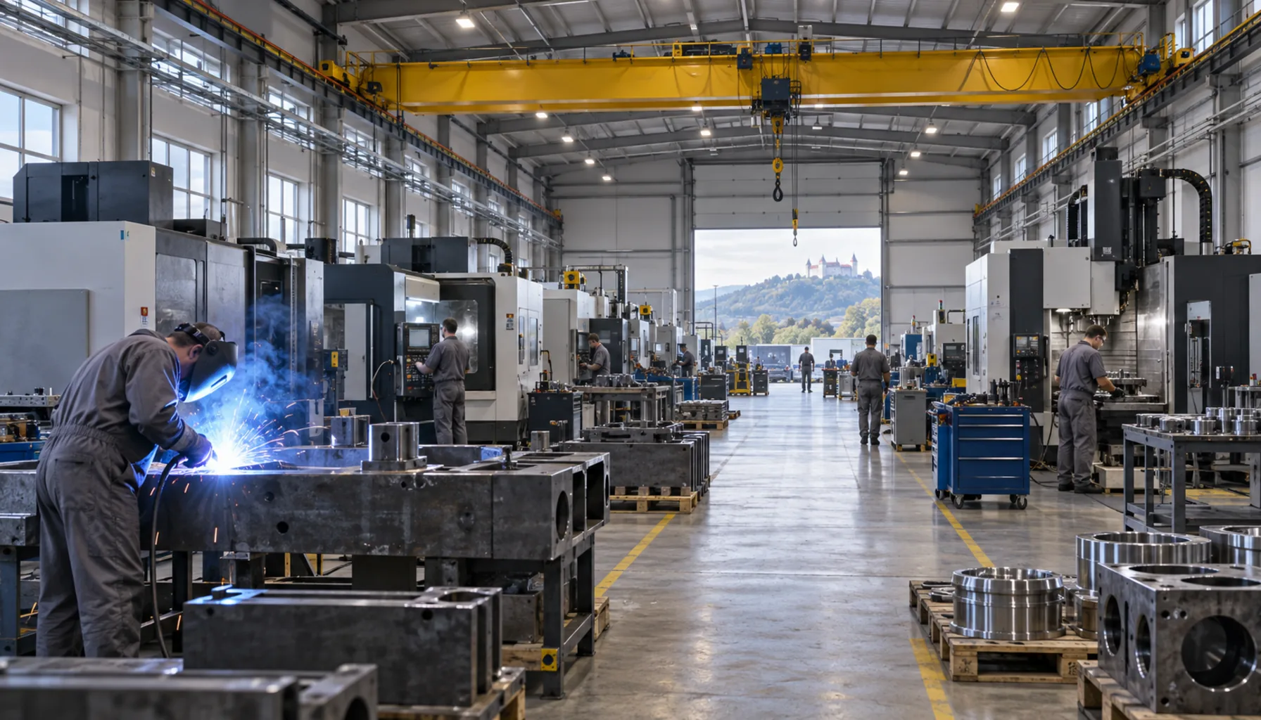 A machine hall in the Váh valley — CNC lathes, a gantry crane, a welder's arc lighting the steel.