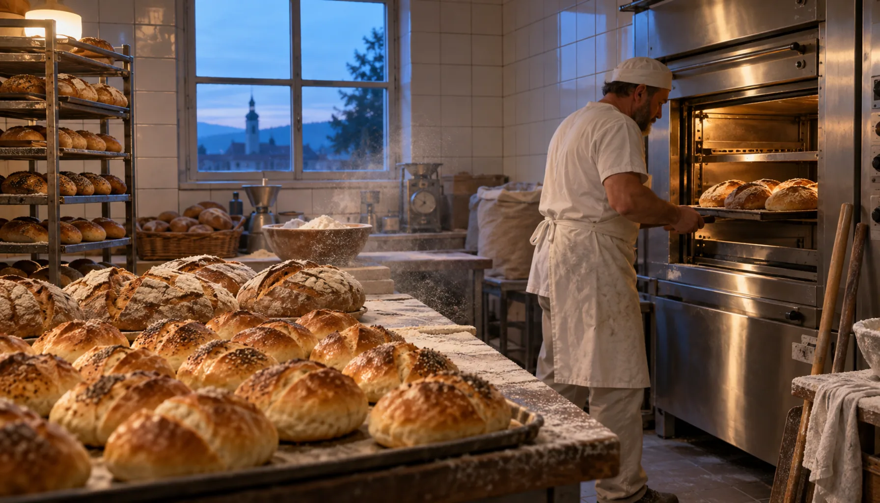 A small Slovak bakery at dawn — trays of fresh rolls, flour in the air, a baker at the oven.