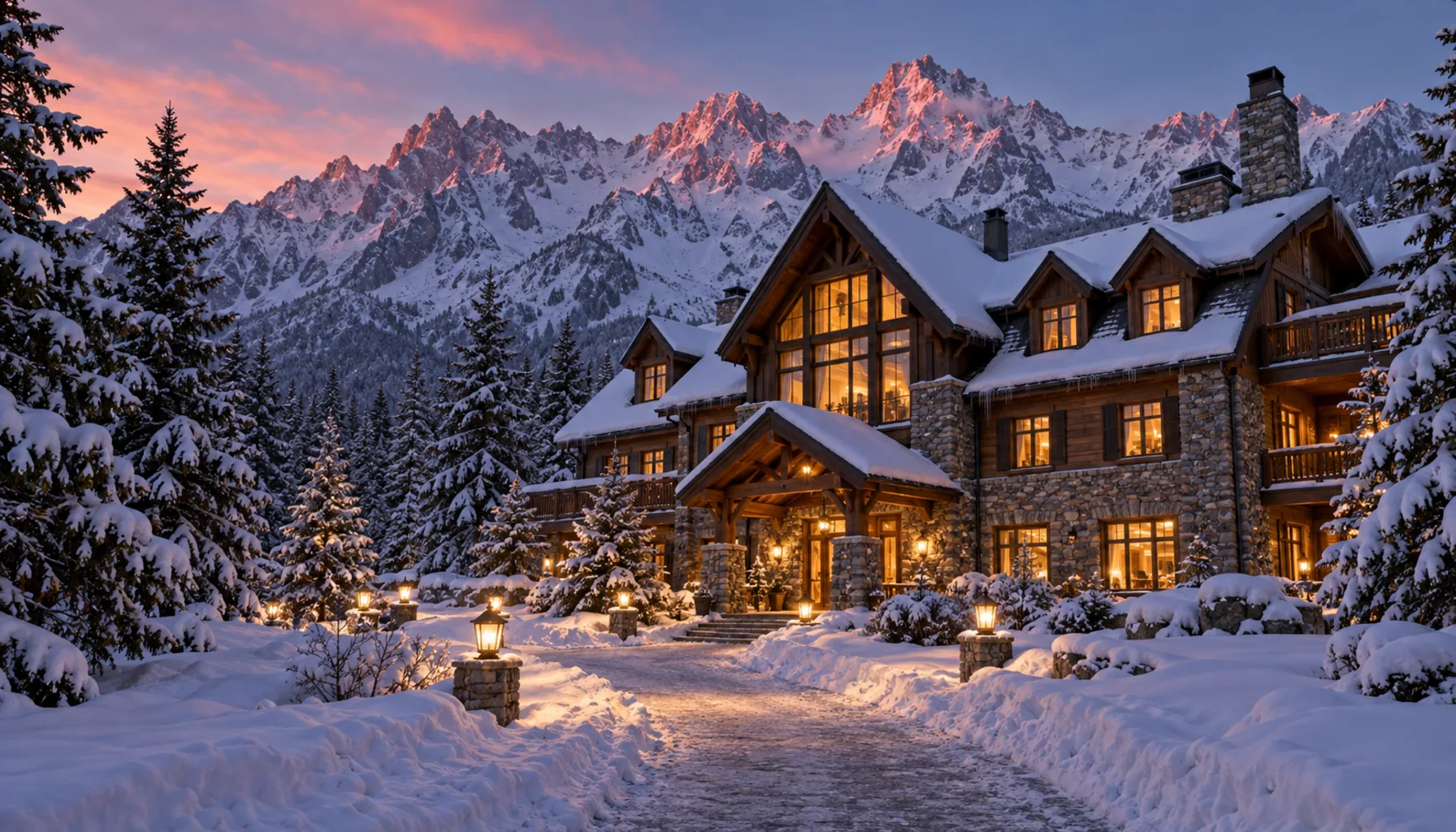 A mountain hotel under the High Tatras at dusk — lit windows, snow on the roof, the peaks going pink.