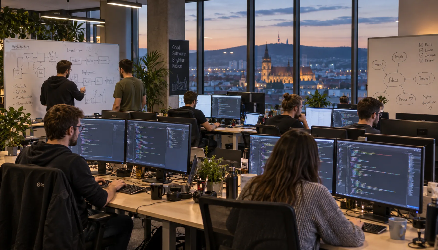 An open-plan software office in Košice — rows of monitors, whiteboards covered in diagrams, evening light on the desks.