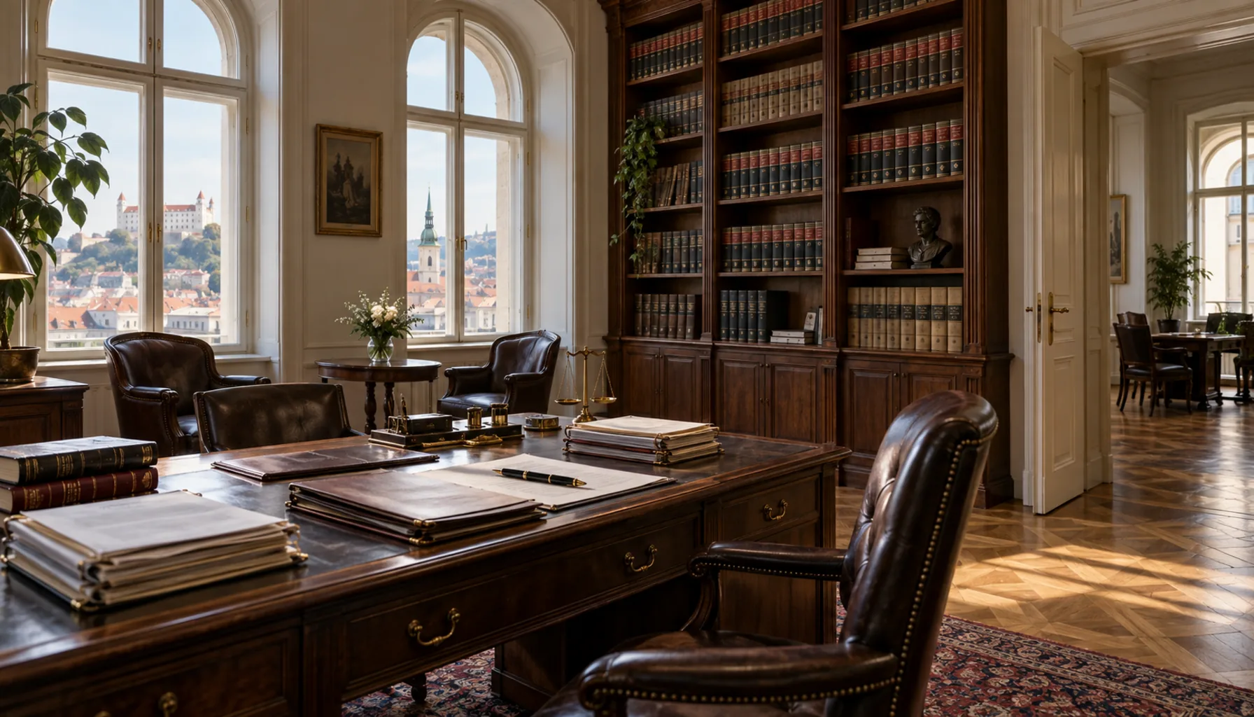 A law office in an old Bratislava townhouse — tall windows, shelves of bound codes, a desk with files and a fountain pen.