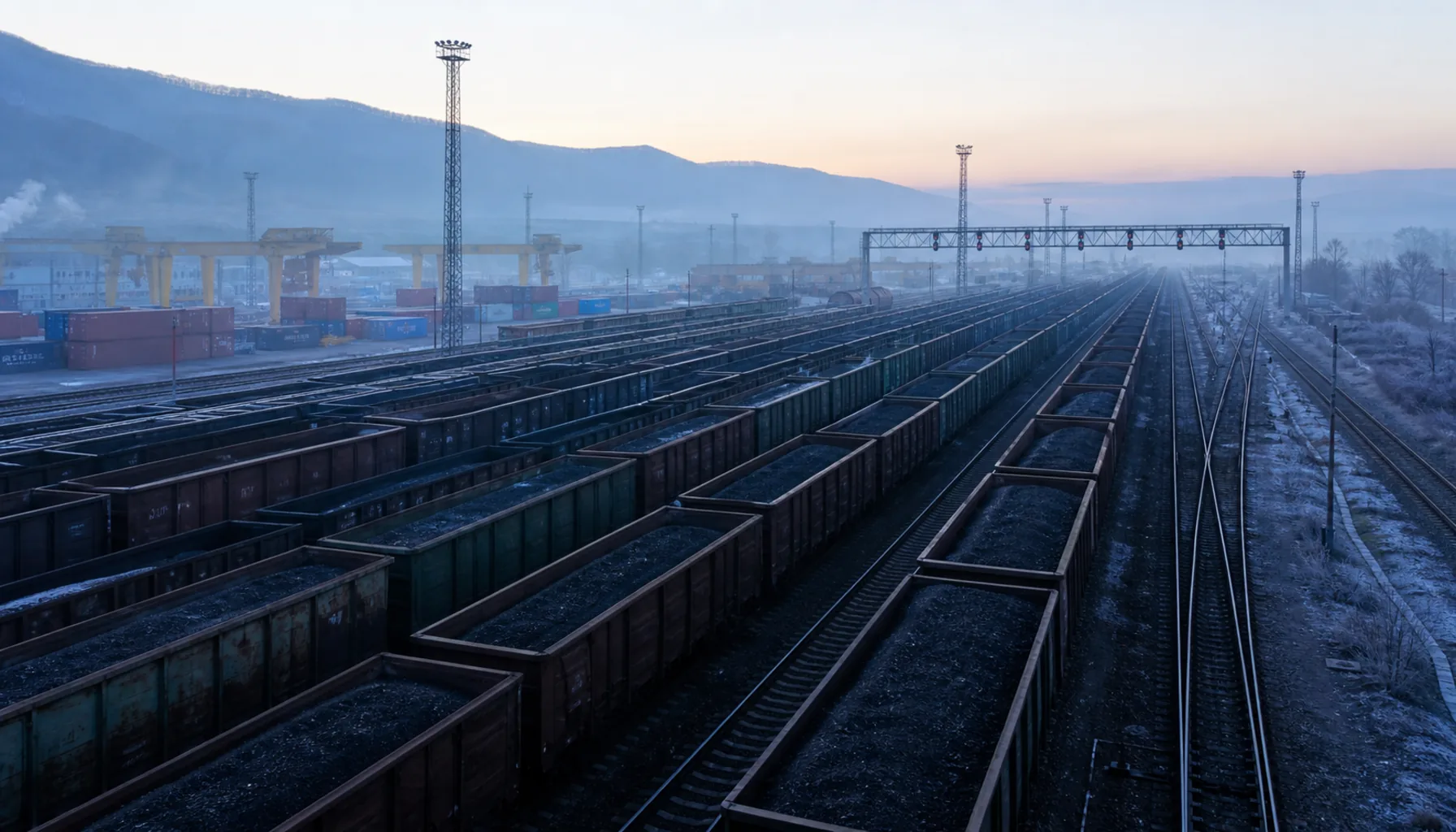 Freight wagons in the yard at the broad-gauge terminal near Košice