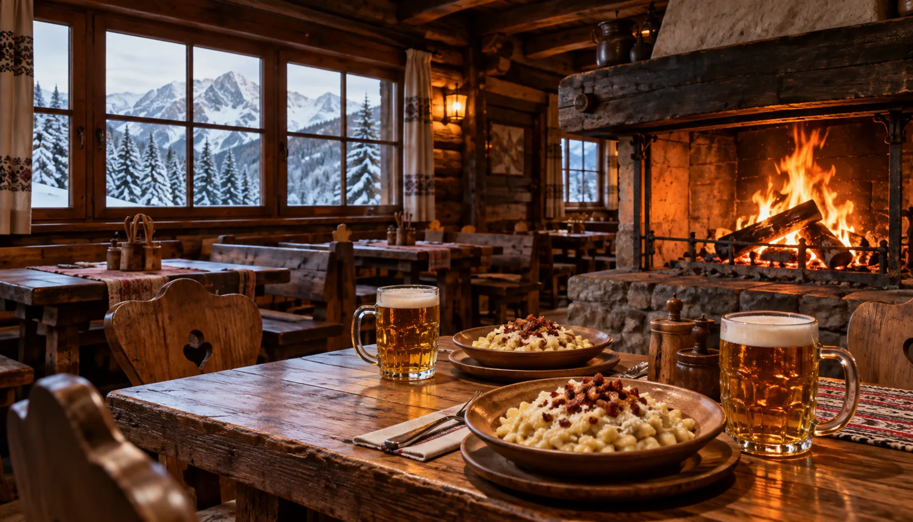 A koliba restaurant under the mountains — timber walls, a fire on the hearth, bryndzové halušky on the table.