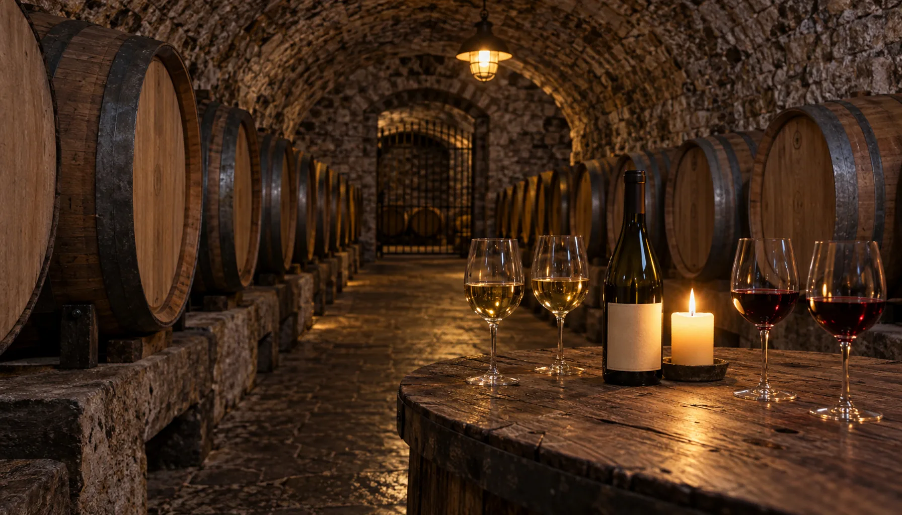 A Little Carpathian wine cellar — oak barrels in a cool stone vault, a tasting table with glasses and a candle.