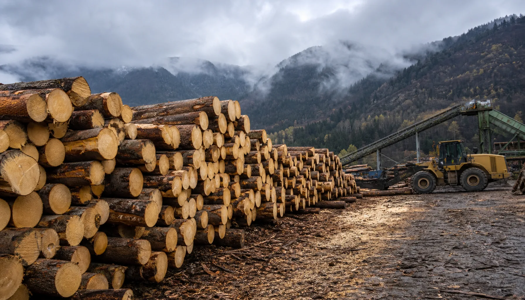 Stacked spruce logs at a sawmill below the Low Tatras