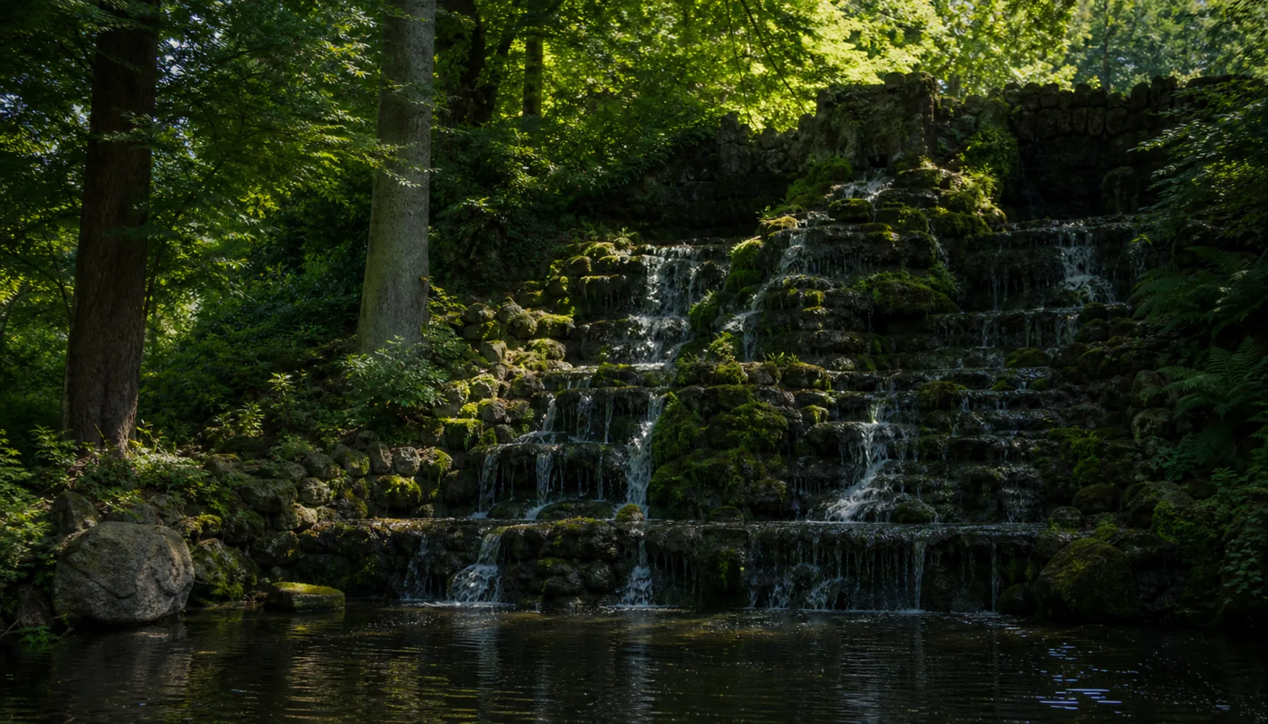 The artificial cascade in the landscape park, one of several garden follies among the old trees