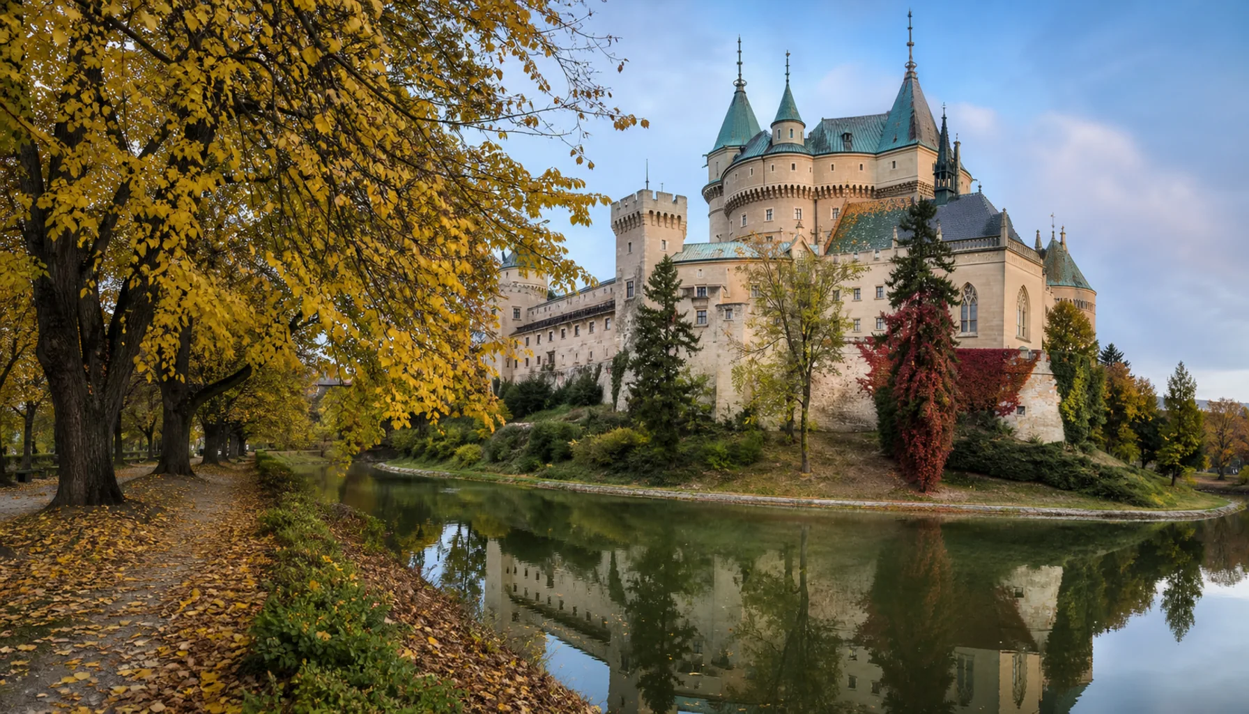 The park and the moat in autumn — free to walk, and the best view of the towers