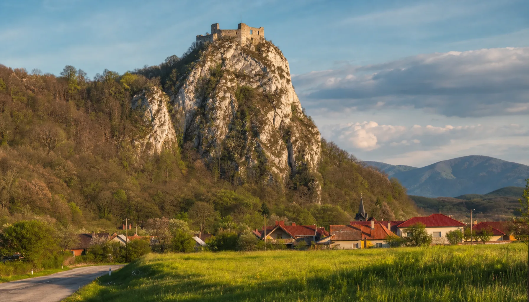 The white limestone crag above Brekov, with the ruin on its summit — rock first, castle second