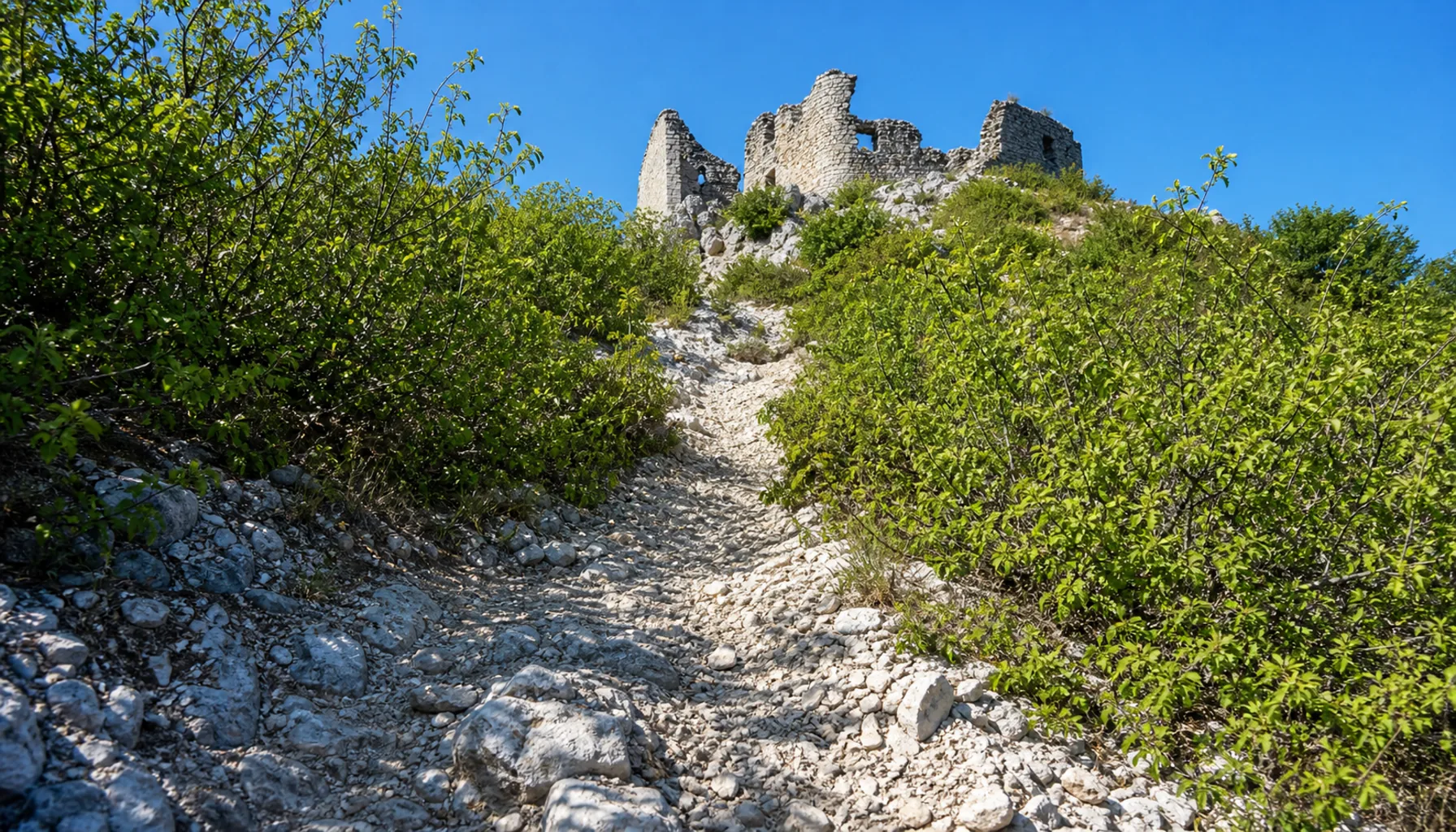 The steep stony path climbing from the village of Brekov to the ruin, through chest-high scrub oak with no shade
