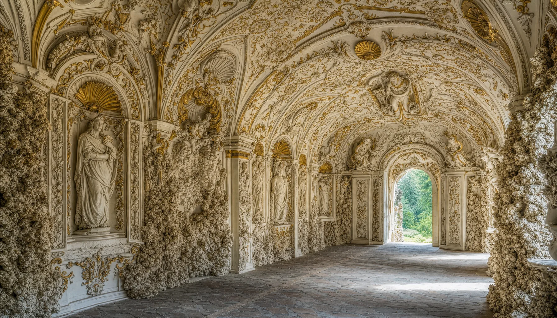 The sala terrena — an early Baroque grotto hall encrusted with stucco figures and shells