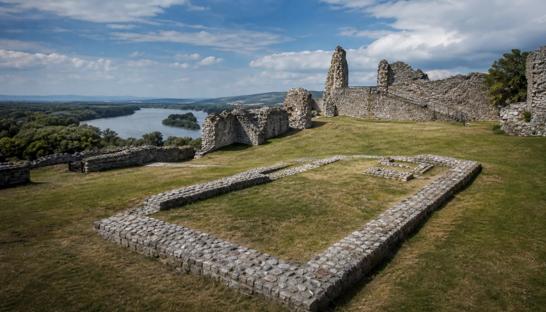 The excavated foundations of the Great Moravian church, marked out at ground level in the upper castle
