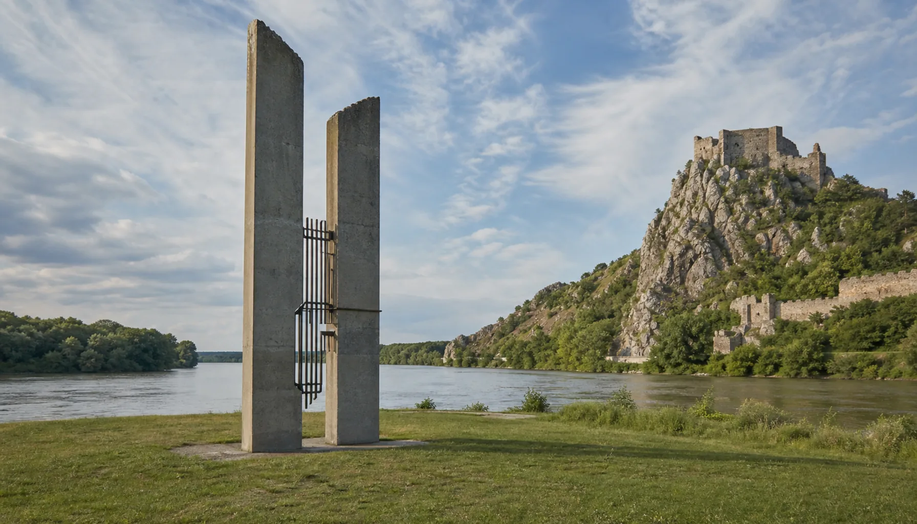 The Gate of Freedom memorial on the open riverside at the confluence, where the border was once closed