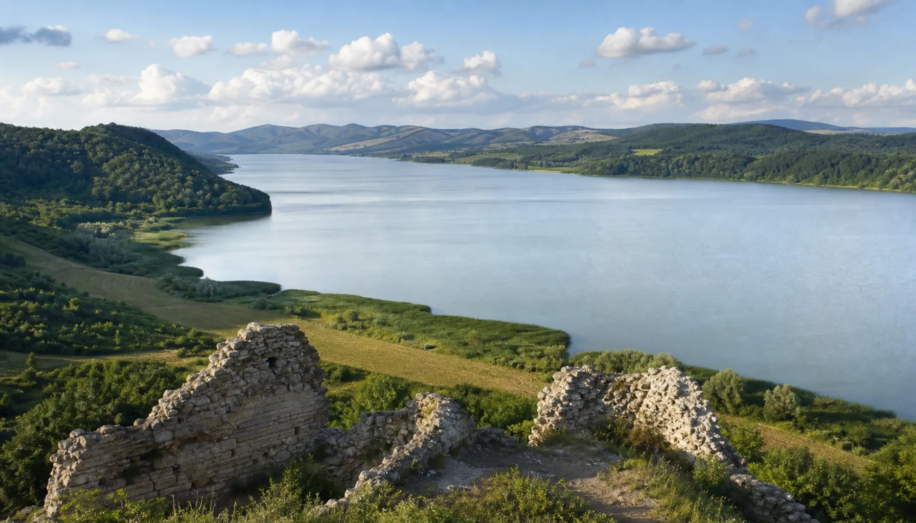 The Ružiná reservoir seen from the castle ridge — the region’s summer swimming water