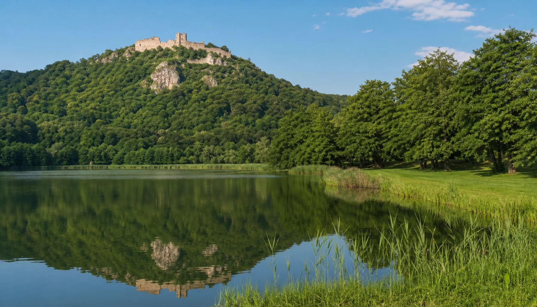 The lake at Jelenec below the wooded ridge — climb in the morning, swim in the afternoon