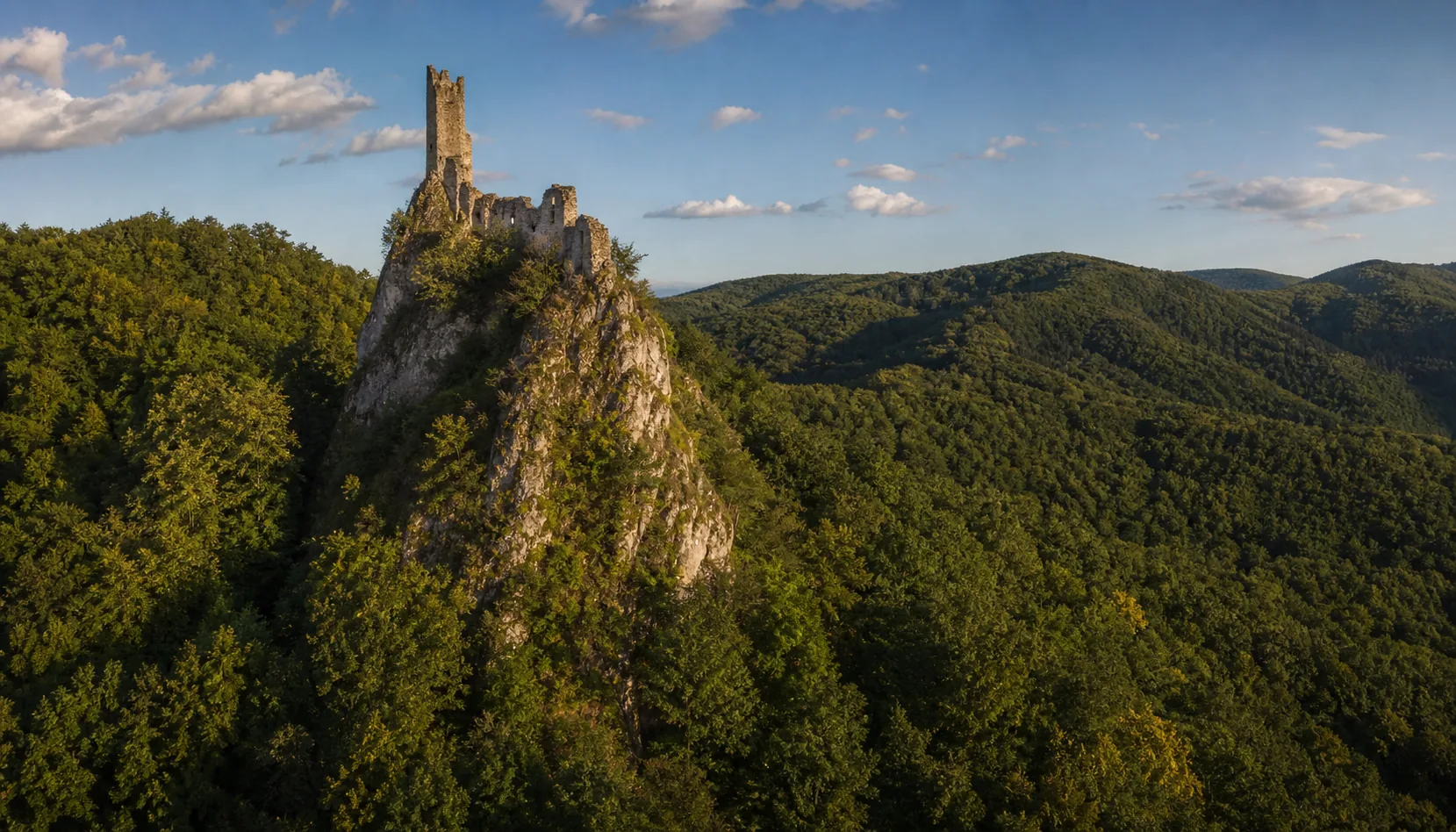 The ruin of Hrušov on its rock tooth, forest closing in on every side