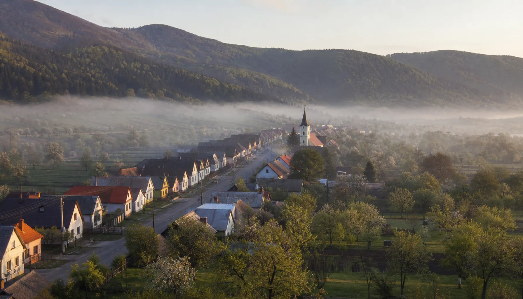 Skýcov, the village at the foot of the climb, with the wooded Tribeč rising behind it