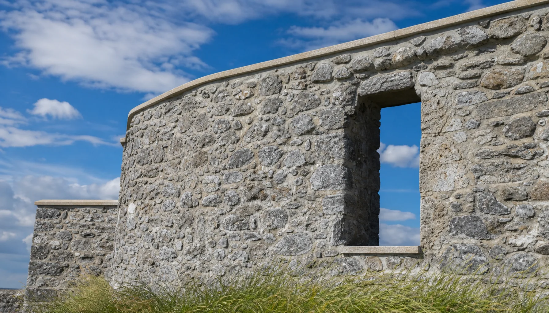 Consolidated masonry on the summit — wall crowns capped against the weather