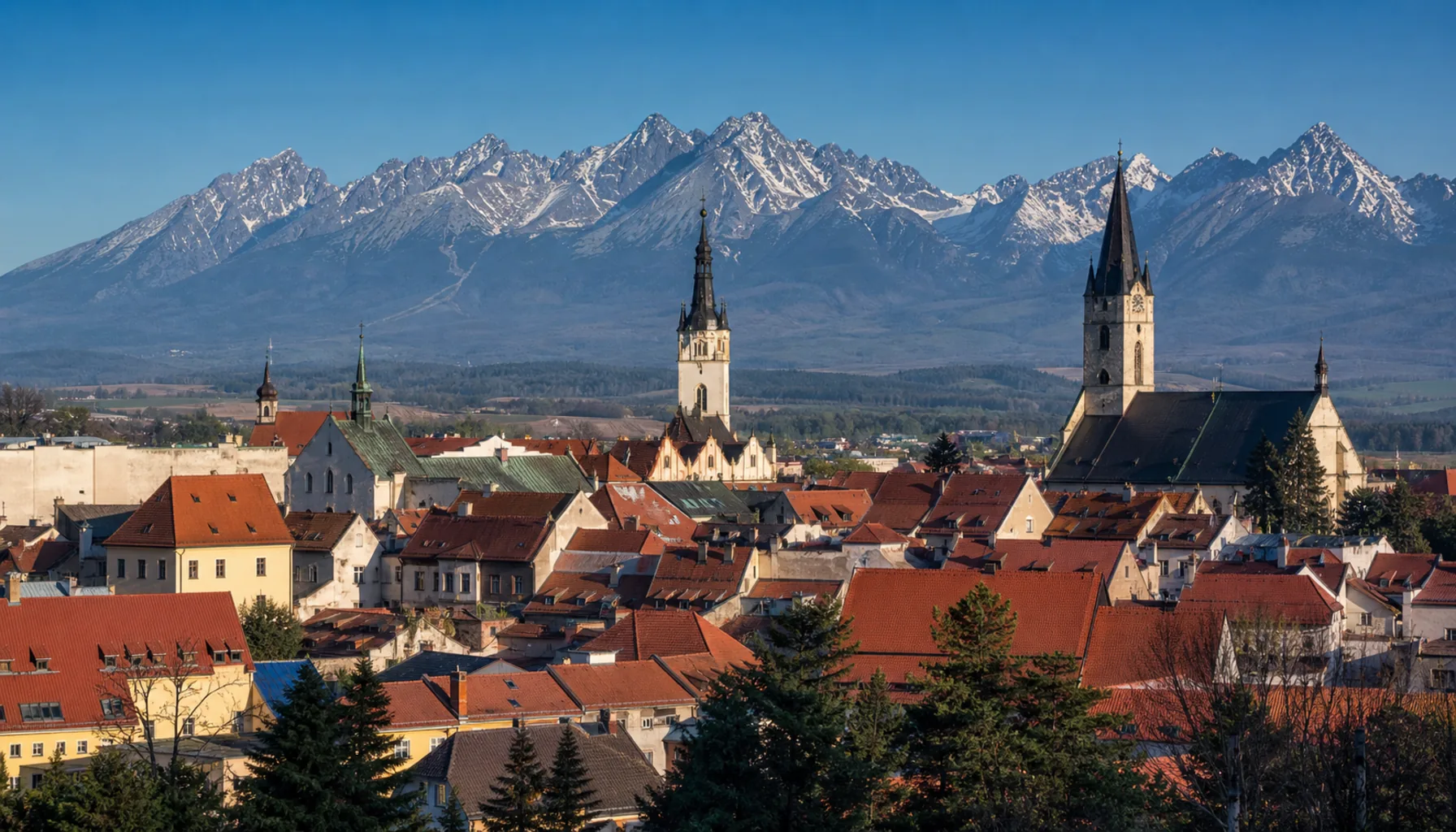 Kežmarok’s rooftops with the High Tatras closing the horizon a few kilometres away