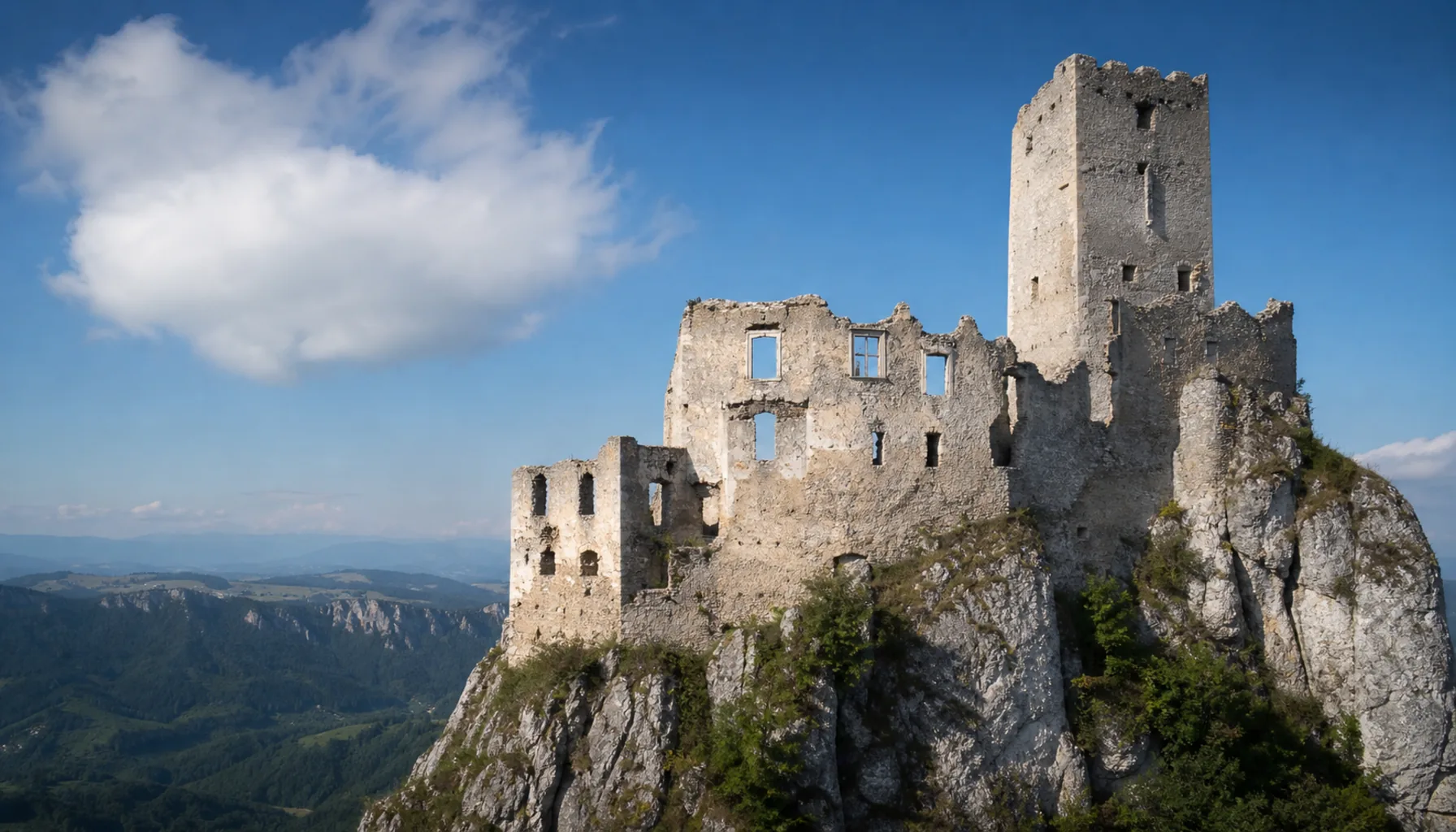 The upper castle — the roofless palace and the tall keep, open to the sky on the crest