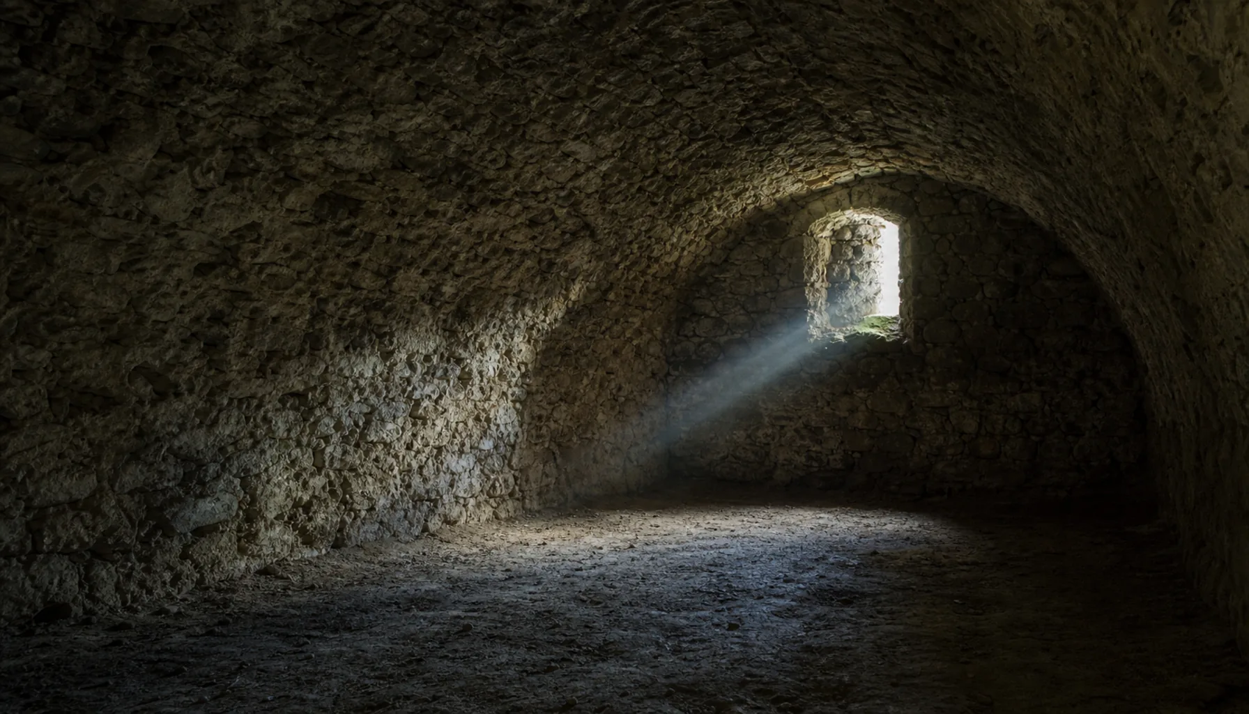 A vaulted lower room — cold stone and a shaft of daylight from a single opening