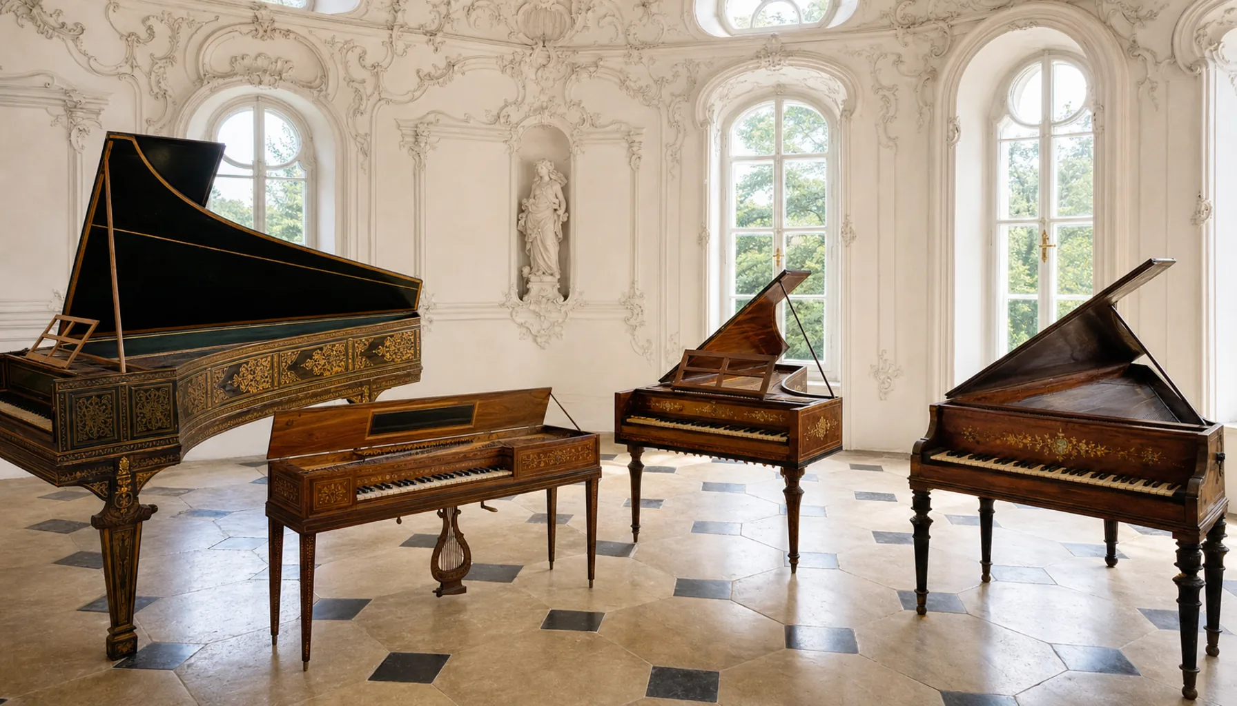 Historic keyboard instruments inside the pavilion — harpsichords, clavichords and early pianos