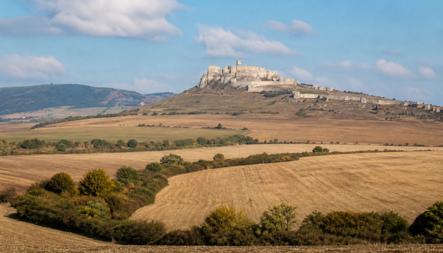 The open Spiš countryside east of Markušovce, with a vast castle ruin on its hill in the far distance