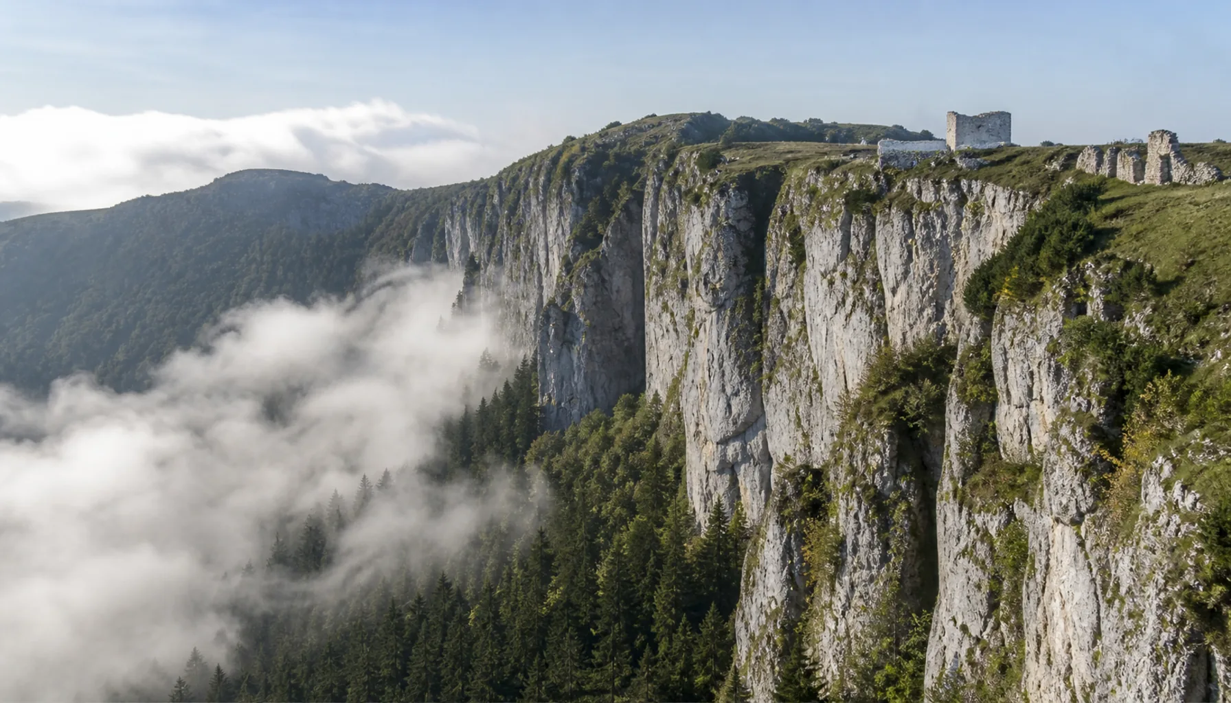 The limestone cliffs at the plateau’s edge, which made the castle almost unassailable