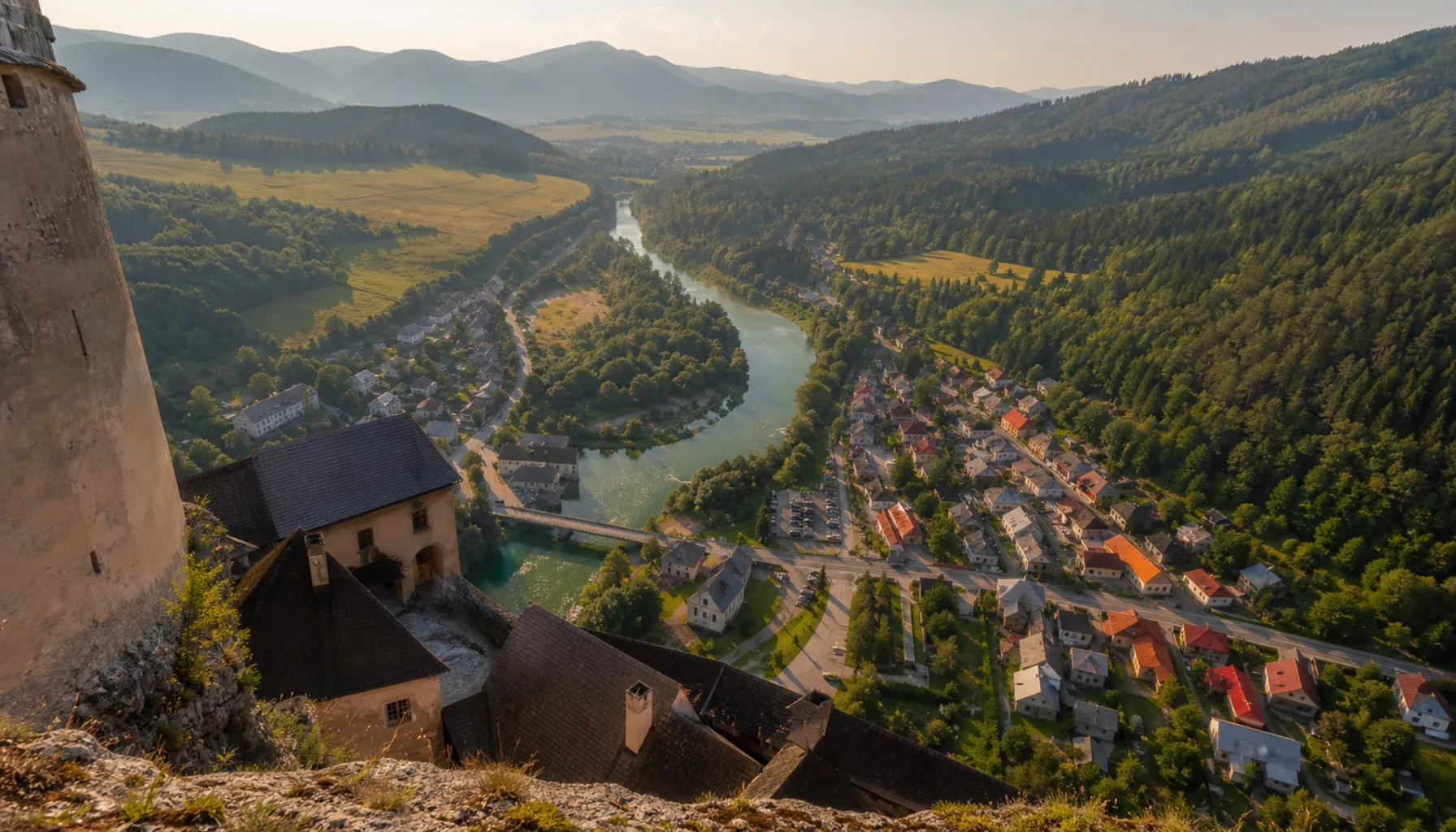 The view from the upper walls straight down to the Orava river and the village roofs