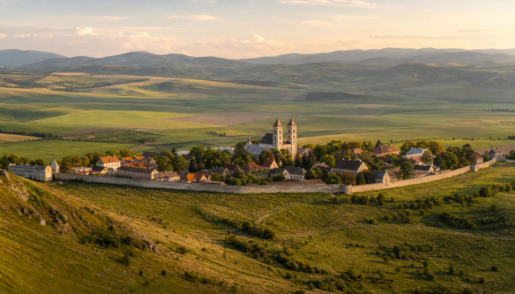 Spišská Kapitula on its ridge across the valley — the twin towers of St Martin's cathedral inside the walls
