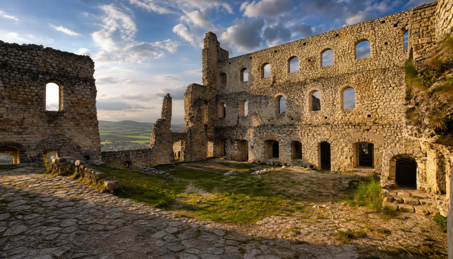 The upper courtyard and the roofless shell of the Romanesque palace, open to the sky