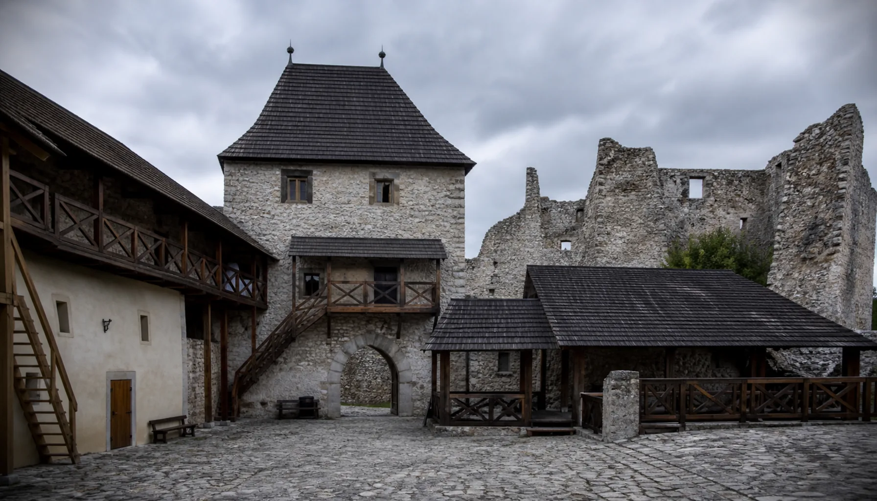 The rebuilt courtyard and gate tower of Strečno, re-roofed during the twentieth-century reconstruction
