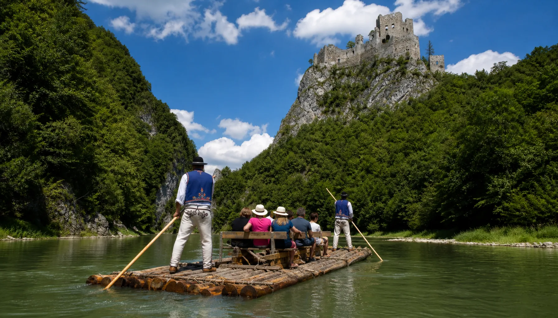 A traditional timber raft on the Váh below Strečno, poled through the gorge by raftsmen