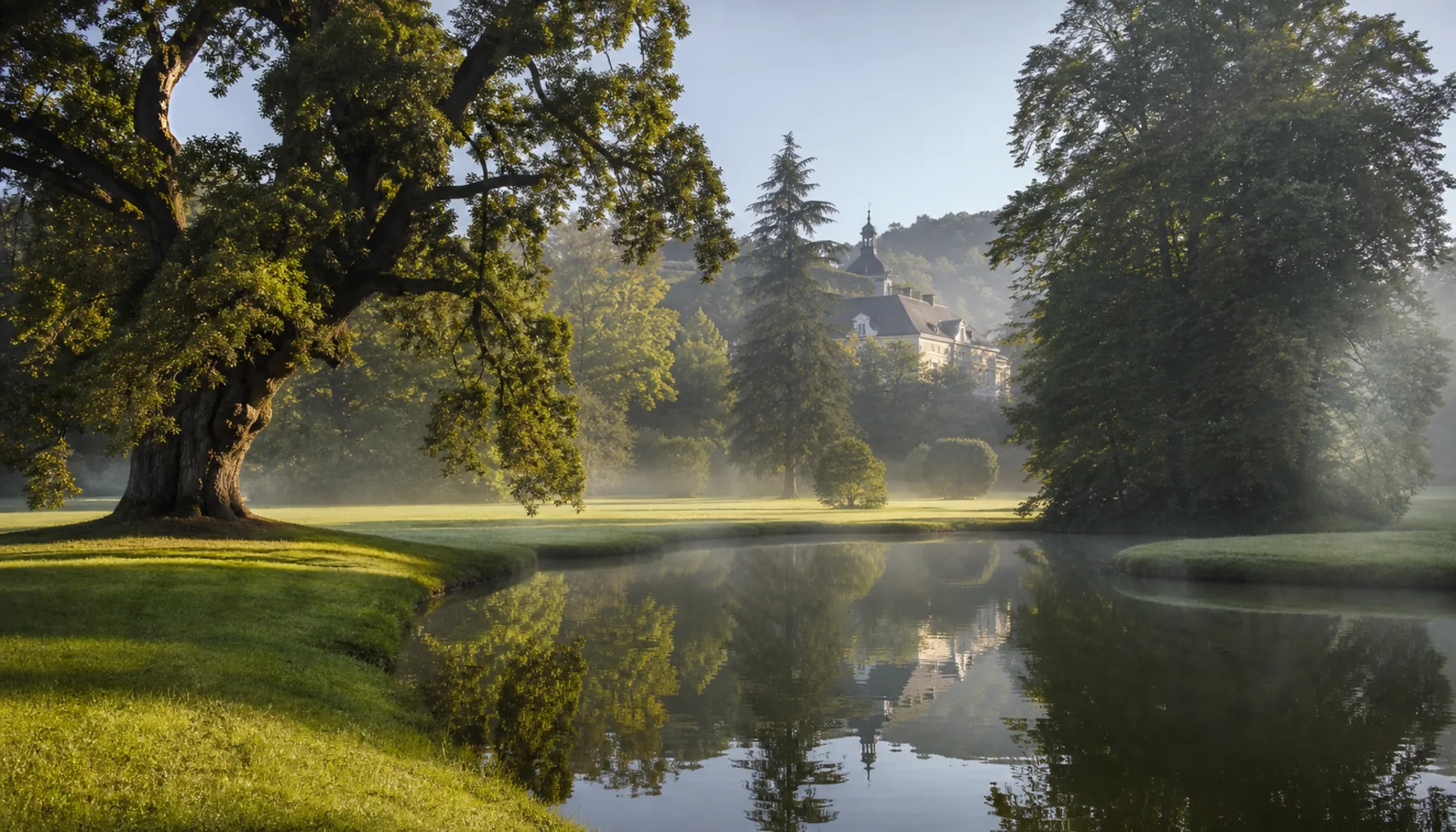 The manor park — old trees, lawns and still water below the forest edge