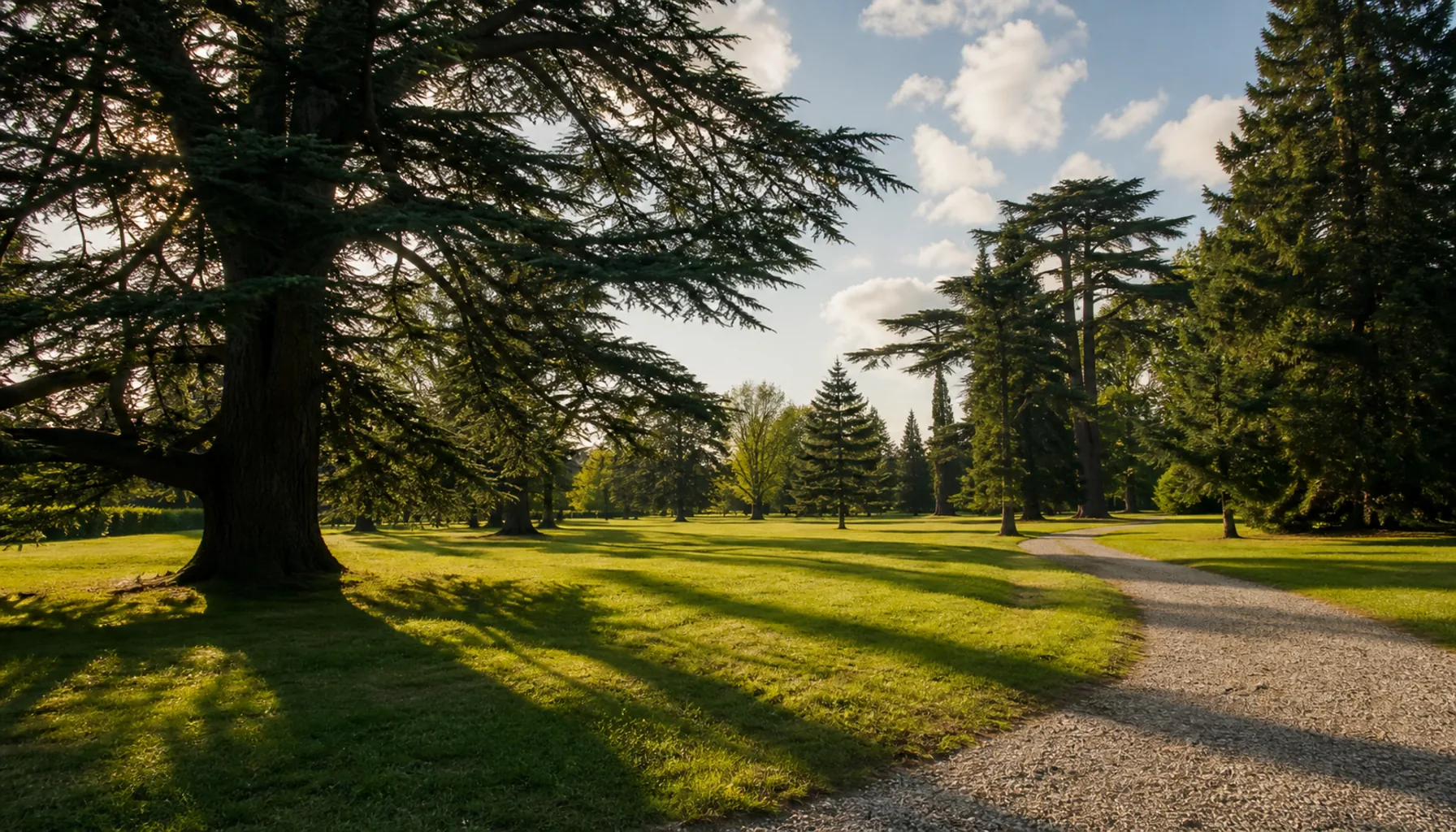 The English landscape park, with vast nineteenth-century specimen trees over open grass