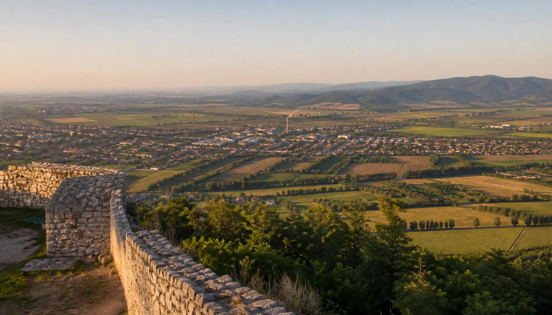 From the castle, the Nitra valley opens out toward Topoľčany and the plain