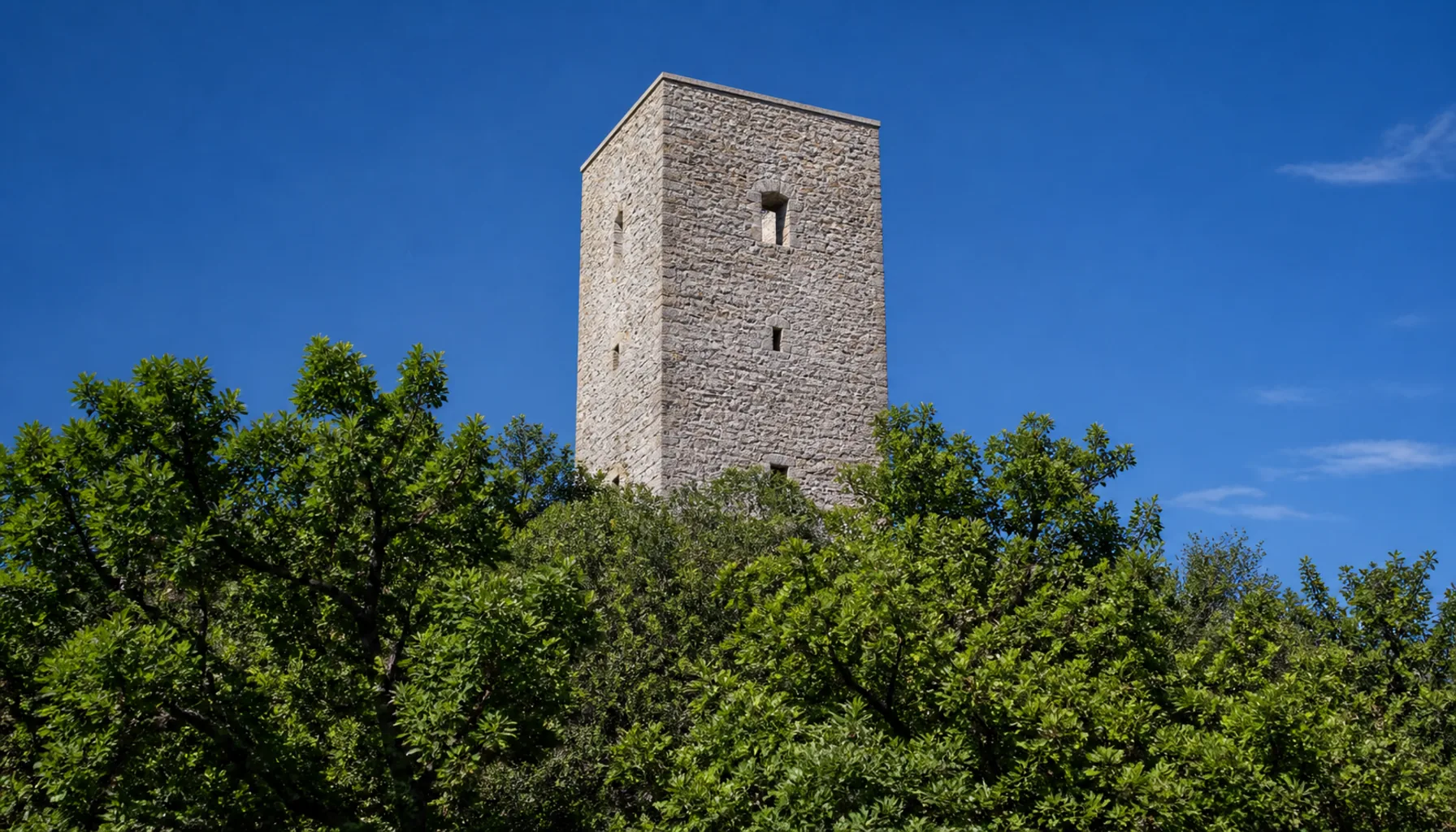 The consolidated stone tower of the ruin standing clear of the treetops