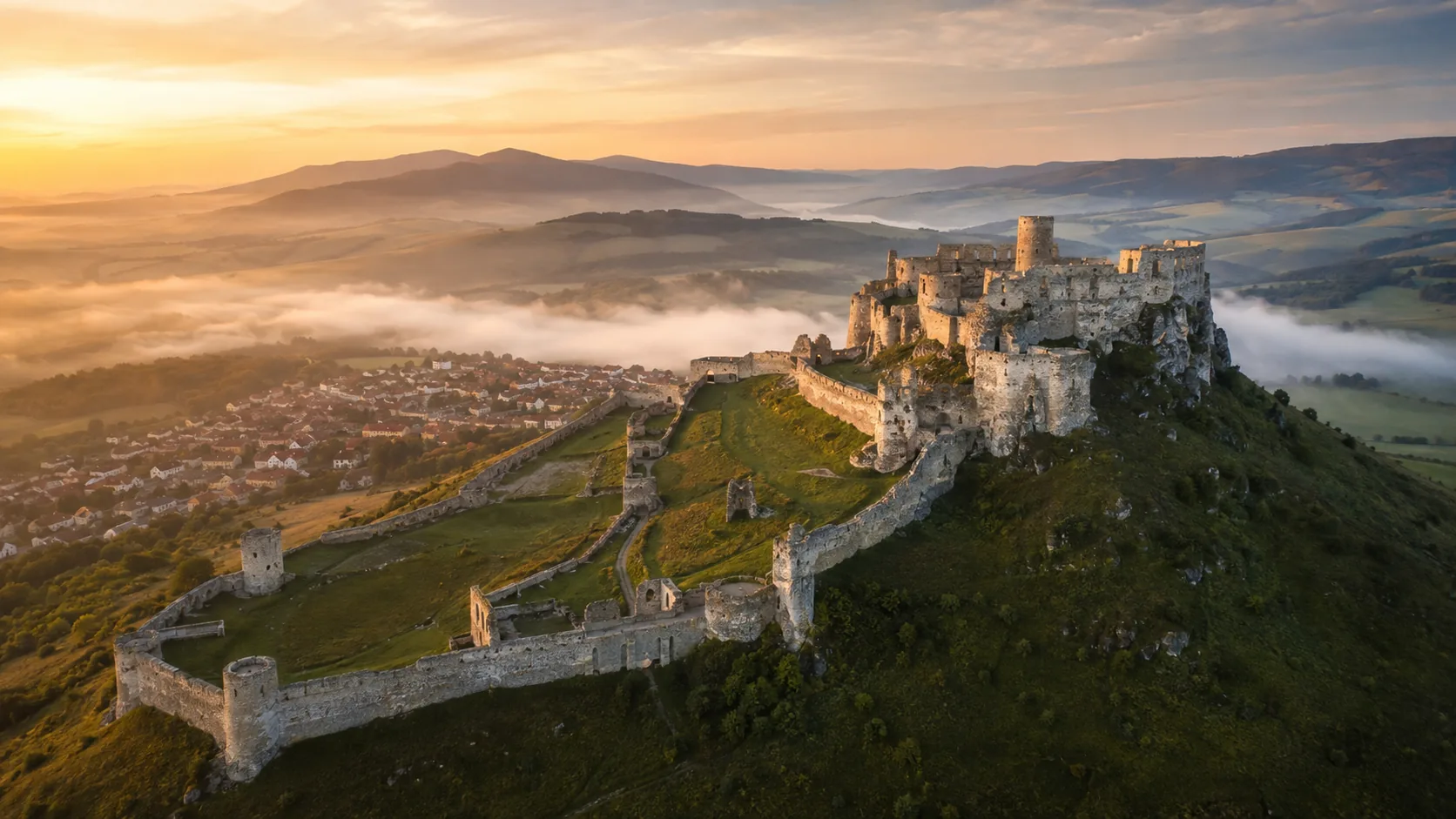 Spiš Castle at first light — four hectares of walls crowning the travertine hill above Spišské Podhradie