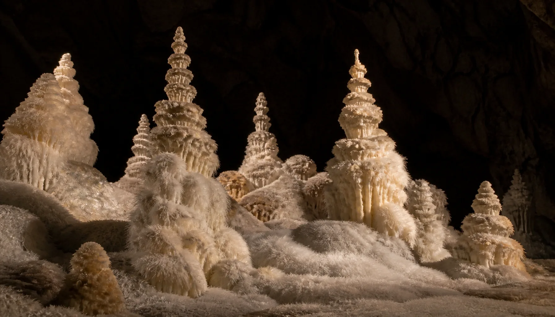 Pale cotton-sinter and pagoda-shaped formations inside Harmanecká Cave in the Veľká Fatra