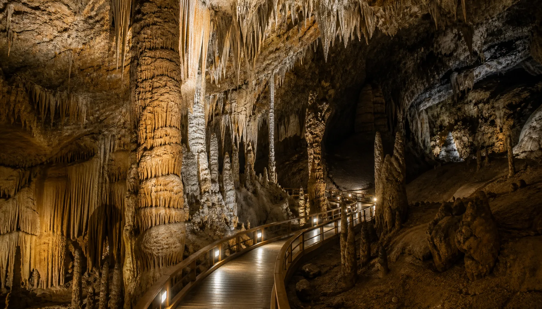 A show cave’s lit path winds past dripstone columns somewhere beneath the Slovak karst